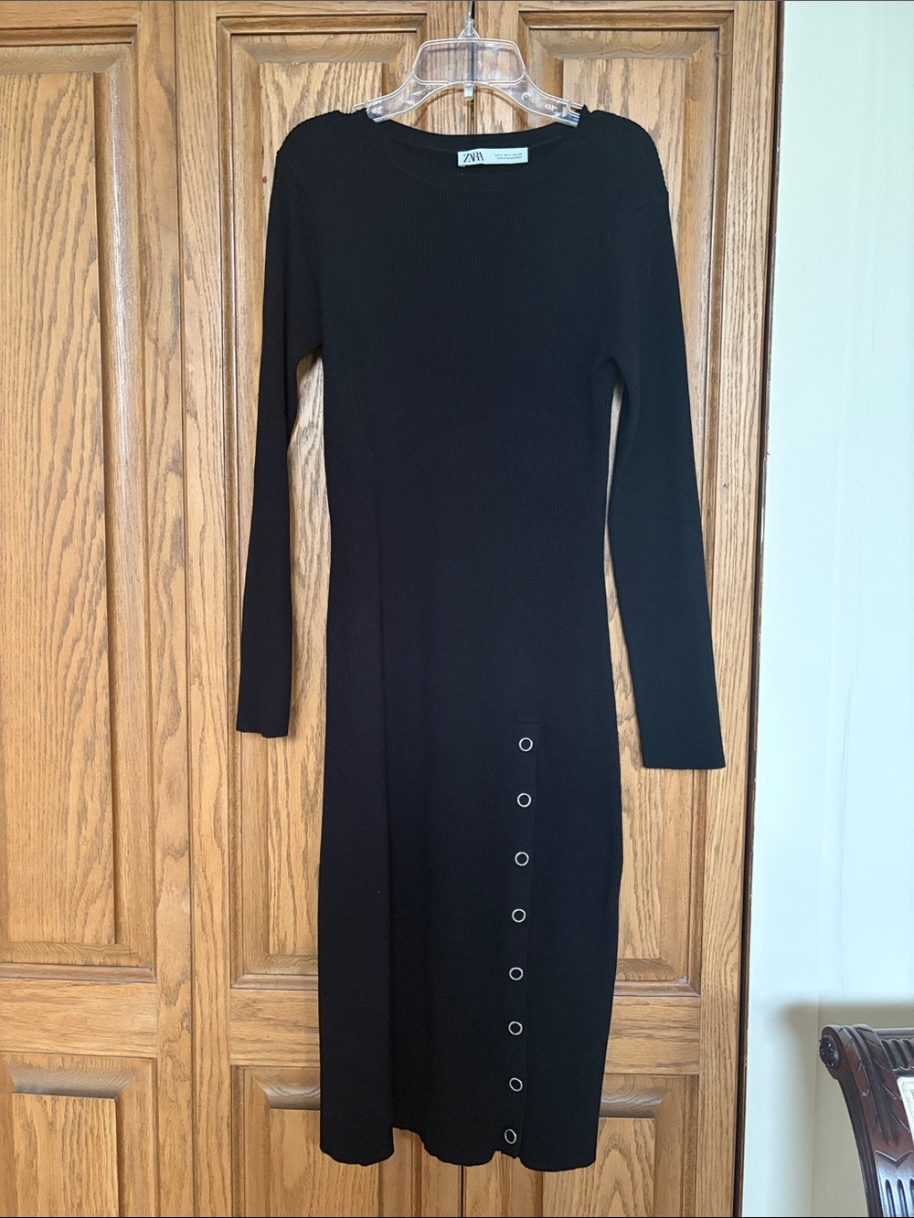 Zara Black Long-Sleeve Midi Dress with Side Grommet Detail